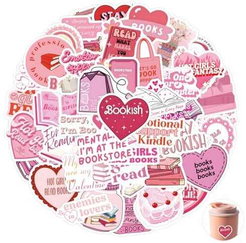 60 Pcs Pink Bookish Stickers, Waterproof Viny Stickers,Heart Shape Pink Aesthetic Stickers,Reading Stickers for Water Bottles Book Laptops Scrapbook Journal