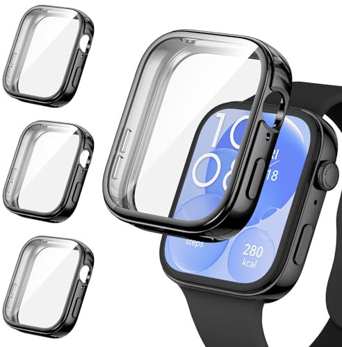 [3Pieces] Kamita Funda Compatible con Huawei Watch Fit 3, Suave TPU Bumper Case con Protector de Pantalla, Shockproof Protección Cobertura Total Carcasa Cover para Huawei Watch Fit3 (Negro*3)