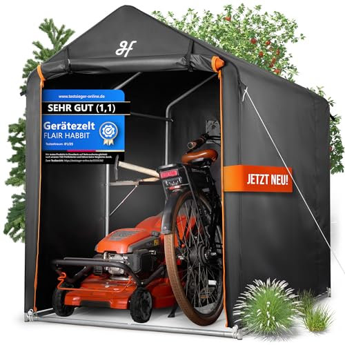 FLAIR HABBIT Gerätezelt | 120 x 180 x 160cm | mit Ablageboard | Oxford Stoff inkl. Lüftungsfenster Foliengerätehaus Fahrradgarage wetterfest Zeltgarage | Anthrazit-Orange