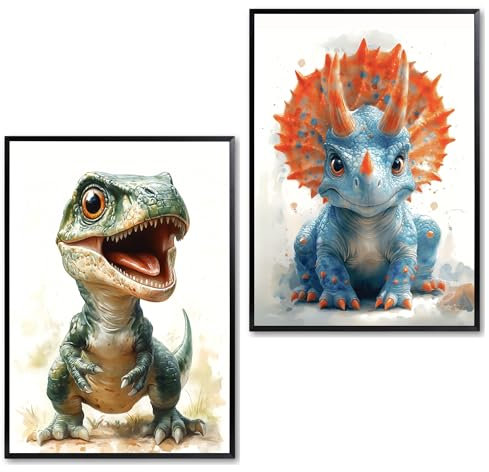 mnam Poster Bilder 2er Set Acquerello-Papier - Kinderzimmer Deko Aquarell - Wanddeko für Kinder Erwachsene Jungen Schlafzimmer (Dinosaurier, 40 x 30 cm)