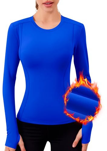 IECCP Damen Langärmeliges T-Shirt Langarm Sport Thermo Oberteil Herbst Basic Warmes Thermo-Shirt Unterhemd Langarmshirt Leicht Sportshirt für Funktionsunterwäsche Laufen Blau XS