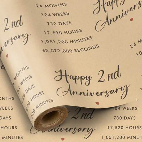RUSPEPA Rouleau De Papier Cadeau Pour Mariage En Coton - 43,2 Cm X 5 M - Motif « Happy 2Nd Anniversary » Sur Papier Kraft Durable Pour 2E Anniversaire Et Occasions Spéciales