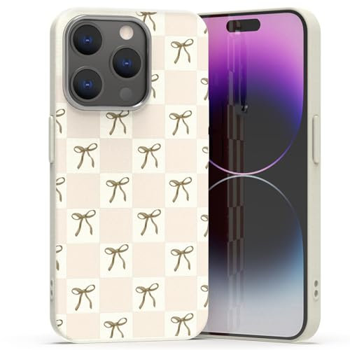 CAROKI for iPhone 14 Pro Max Leather Texture Phone Case, Soft Fashion Slim Shockproof Case, Classic Checkered Design Bow Pattern, Protective Case with Camera Frame for iPhone 14 Pro Max 6.7 - White