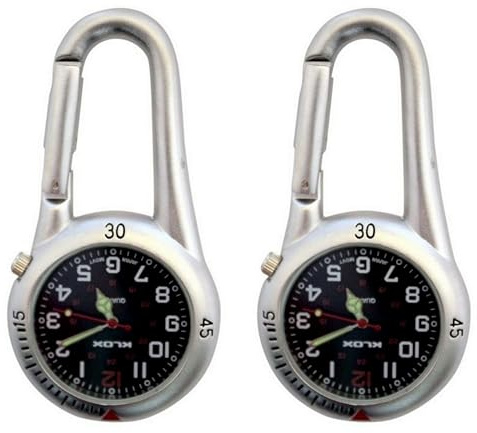 Klox 2 Stück Clip-on-Karabineruhr, Rucksack-Taschenuhr mit Gürtelschlaufe, Unisex-Uhr für Ärzte, Krankenschwestern, Outdoor-Aktivitäten, Sanitäter (Silber mit schwarzem Ziffernblatt)