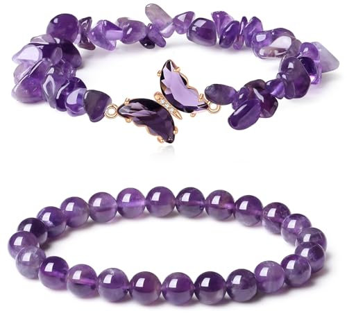 2 PCS Heilung Kristall Stein Armbänder, Amethyst Perlenarmband Heilsteine Chip Armband Muster für Frauen, Energie Heilung Perlen Stretch Kristall Perlen