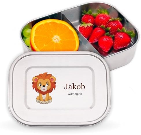 LAUBLUST Personalisierte Brotdose für Kinder mit Fächern aus Edelstahl | Löwe - ca. 800 ml & ca. 1400 ml Jausenbox | Lunchbox für Mädchen & Jungen - Bento Box für Schule und Kindergarten auslaufsicher