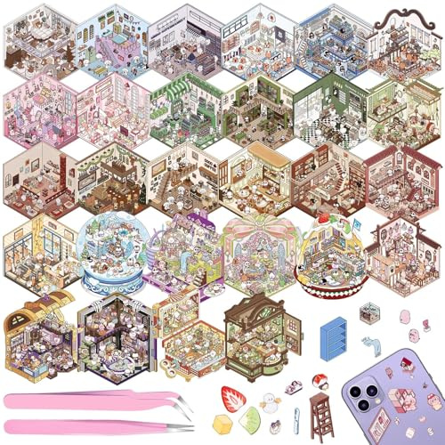 28 Sets DIY 3D House Stickers, DIY Haus Aufkleber Stickers Machen Sie Ihren Eigenen, Supermarkt, Kaffeehaus, Buchhandlung, Restaurant, Cute 3D Scene Sticker Set mit 2 Pinzetten