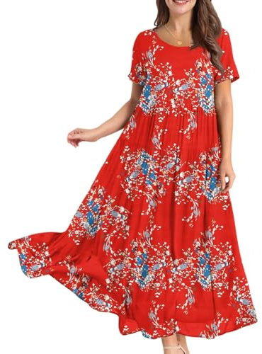 Summer Dresses for Women, Womens Summer Casual Loose Bohemian Floral Dress Ladies Short Sleeve Swing Beach Long Maxi Dresses 50th Birthday Gifts for Women,Red,XL,u181k