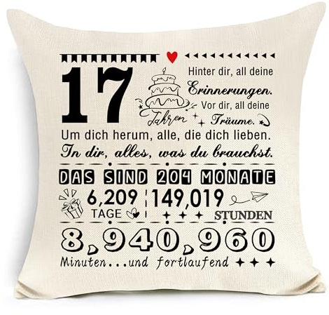 Kissenbezug zum 17. Geburtstag Geburtstagsgeschenk inspirierendes Geschenk | warm inspirierender Textdekor, ideales Erinnerungsgeschenk, individuelles Geburtstagsmuster, Standardgröße 45 x 45 cm