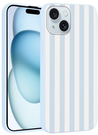 Yirlbey Gestreift Sommer Handyhülle für iPhone 15 Hülle 6,1, Aesthetic Summer Blau Weiß Striped Stripes Muster Motiv Design für Mädchen Schutzhülle Bunt Blau Silikon TPU Ultra Dünn Case, Streifen