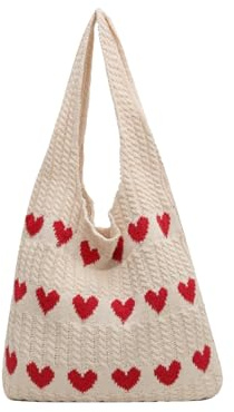 KHDULQ Tote Bag Femme 36×30cm, Cabas Femme, Sac D'amour Tricoté, Sac à Bandoulière, à Tricot pour Dames, Tricot Love, Pour Voyage de Travail Ecole et Shopping