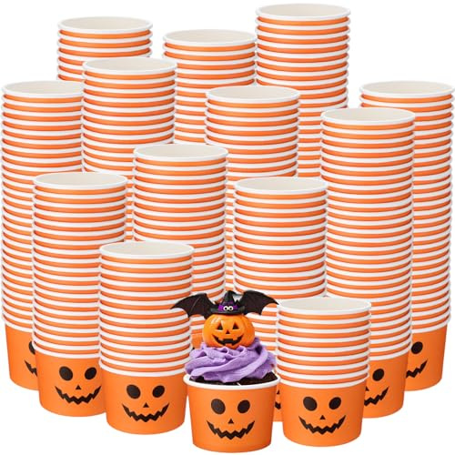 Honeydak 400 Pack 5 oz Halloween Pumpkin Snack Cups Jack O Lantern Ice Cream Cups Disposable Pumpkin Treat Bowls for Halloween Party Supplies Dessert Snacks Sundae Container