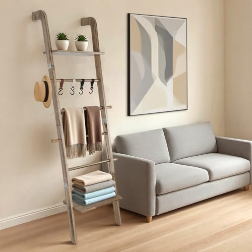 Fuairmee Wooden Blanket Ladder with Shelf, 6-Tier Farmhouse Towels Rack Decor for Living Room, Leaning Wall Display Holder for Blankets, Includes Non-Slip Mat and Hook