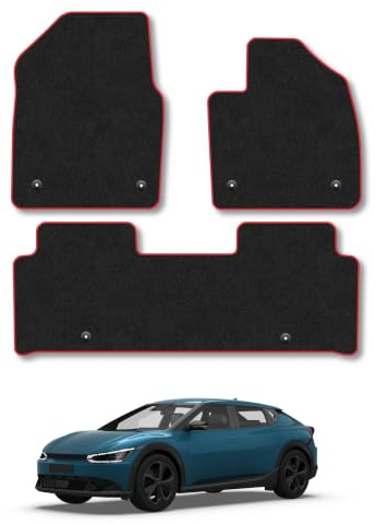 Fits Kia EV6 (2021+) Carpet Car Mats | Red Edge Trim Tailored Fit Floor Mats Full Coverage Protection Accessories Easy Clean Anti Slip Made in the UK