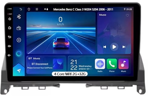Android 15 Autoradio 2DIN 9 Zoll Touch Display für Mercedes Benz C Class 3 W204 S204 2006-2011,Wireless CarPlay Android Auto, Bluetooth GPS Navi Rückfahrkamera, Lenkradkontrolle