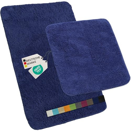 NYVI Badematten Set 2 teilig NYVISpa Lasalle 45x50 + 50x80 cm Navy Badematte & WC-Vorleger - Badezimmerteppich Set - rutschfest, Saugfähig, Schnell Trocknend, Fußbodenheizung geeignet, Oeko-TEX
