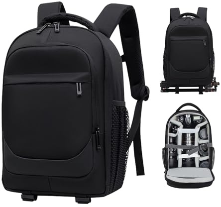 HIUOUIH Sac à dos Appareil Photo Grand, Sac Photo pour Reflex et Hybride, 39 x 29 x 19 cm, Housse de Pluie Noire, Compartiments Réglables, Ordinateur Portable 15,6 Pouces, Sangle de Poitrine, Noir