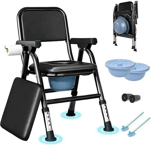 UOJYAIP Chaise percée pour adultes, Chaise de toilette pliable et réglable en hauteur avec siège rembourré et seau, Chaise de douche portable supportant une charge maximale de 150 kg