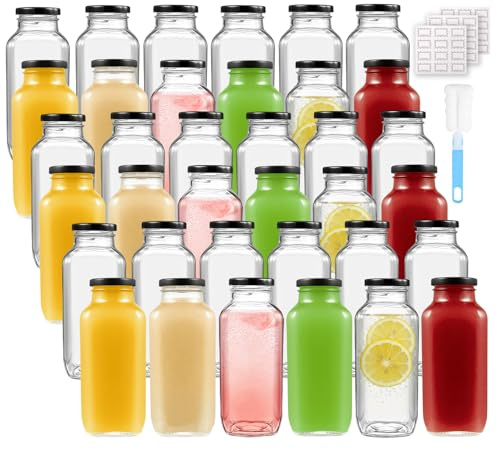 Glass Juice Bottles with Metal Lids, 36pcs/500ml Water Bottles Milk Bottles | Reusable Juicing Bottles, Smoothie, Homemade Beverages, Hot Cold Drinks, Food Storage, include Cleaning Brush, Sticker Labels