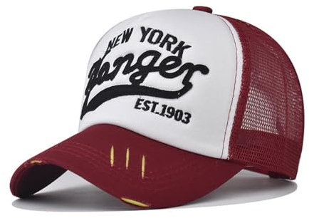 URTAODFE Retro New York Script Stickerei Mesh Trucker Hut Distressed Washed Cotton Baseball Cap Ripped Curved Brim Outdoor Sun Hat, weinrot, L
