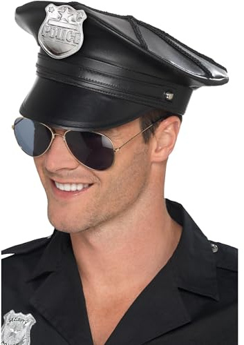 Smiffys Deluxe Police Hat, Black Faux Leather