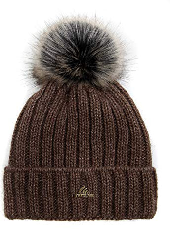 LONGCLASS Braune Bommelmütze Damen Elegance Mütze Frauen Wintermütze braun Dunkelbraun Wollmütze mit Bommel Winter Damenmütze Strickmütze Pudelmütze fein schön