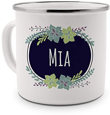 printplanet Emaille-Tasse mit Namen Mia - Metallbecher mit Design Flowers - Nostalgie-Becher, Camping-Tasse, Blechtasse, Farbe Silber