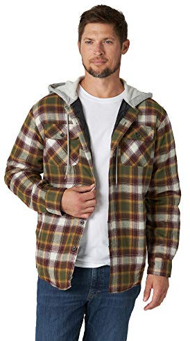 Wrangler Authentics Long Sleeve Quilted Lined Flannel Shirt Jacket with Hood Chemise boutonnée, Vert Olive, XL Homme