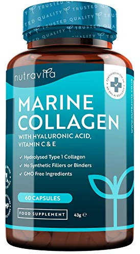 Marine Collagen 1000mg - 60 Capsules of Superior Type 1 Hydrolysed Collagen - Enhanced with Hyaluronic Acid, Vitamin C, Vitamin E, Vitamin B2, Zinc, Copper and Iodine - Made in The UK by Nutravita