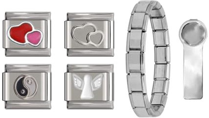 Starter Kit 4 | 1pc 9mm Italian Style Bracelet Silver | 2pcs Double Heart Charm | 2pcs Heart Charm | 1pc 9mm Italian Charm Tool
