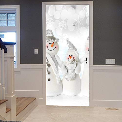 A.Monamour Sticker Porte Autocollant Poster de Porte 3D Fond De Flocon De Neige Famille Bonhomme De Neige Décoration De Noël Vinyle Affiche de Porte Sticker Mural Papier Peint Art Décor 77 x 200 cm