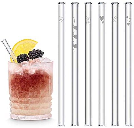 HALM Glas Strohhalme mit gravierten Herz Symbolen | 6 Stück 15cm mit Reinigungsbürste | Herzchen Geschenk Freundin Mann für Jahrestag und Valentinstag | Liebesgeschenke für Männer und Frauen