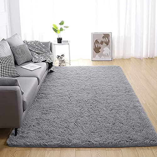 KINGSON Teppich Wohnzimmer, Teppich Waschbar Langflor Hochflor Teppiche Modern Flauschig Grau Rosa Weiß fürs Wohnzimmer, Schlafzimmer und die Küche Geeignet (Neu Reines Grau, 120 * 160cm)