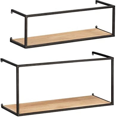 WENKO Wandregal Geo, 2er Set, Ablage für Einmachgläser aus Metall & Kiefernholz, stilvolle Aufbewahrung im Industrial-Design für den gesamten Haushalt, 55 x 25 x 20 cm & 55 x 16 x 15 cm, Schwarz/Braun