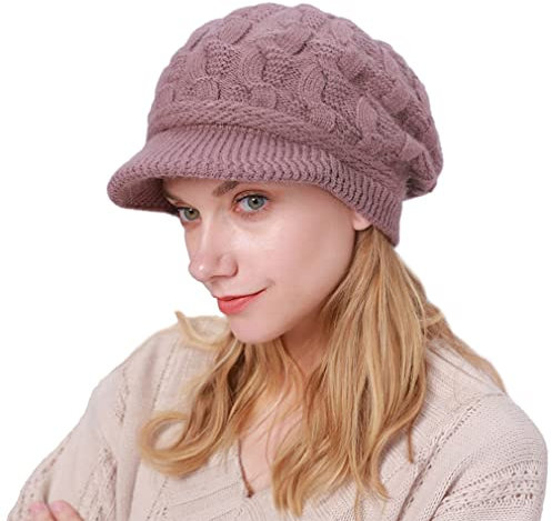 CheChury Damen Wollmütze Winter Warme Strickmütze Kaschmir Mit Schirm Grobstrick Baskenmütze Barett, Helles Lila