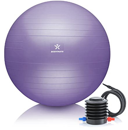 BODYMATE Gymnastikball Sitzball Trainingsball mit GRATIS E-Book inkl. Luft-Pumpe, Ball für Fitness, Yoga, Gymnastik, Core Training, für starken Rücken als Büro-Stuhl French Lavender 65cm