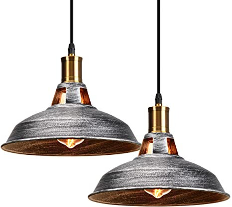 iDEGU 2 Piezas Lámparas Colgantes Vintage Lámpara de Techo Industrial Iluminación E27 Retro Luz Colgante para Cocina, Salón, Dormitorio, Comedor, Pasillo, Restaurante - 27CM (Óxido Plateado)