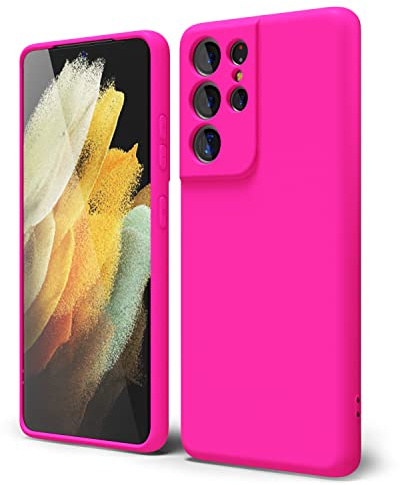 oakxco Coque Silicone pour Samsung Galaxy S21 Ultra, Étui Ultra Fine Souple Gel Caoutchouc Anti-Chocs Housse Toucher Soyeux, Slim Esthétique Protection Cover, Rose Vif