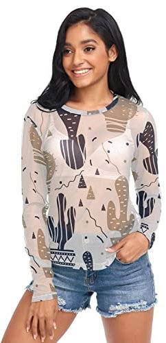 Anantty Damen Langarmshirt Jahrgang Kaktus Kakteen Long T-Shirt Langarm Top Rundkragen Oberteile Shirt Tunika Bluse Top