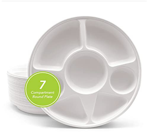 three leaf 7 COMPARTMENT BAGASSE ROUND PLATE, 100 Ct. Heavy-Duty- Super Strong- Natural- Eco-Friendly Disposable Bagasse Plates, 100% Biodegradable 7 compartment plates