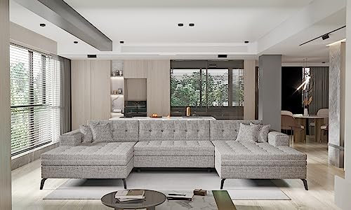ALTDECOR Ecksofa in U-Form mit Schlaffunktion, Polstercouch Wohnlandschaft rückenecht gepolstert, ideal als Gästebett - VETORA 350x170x93 - Creme
