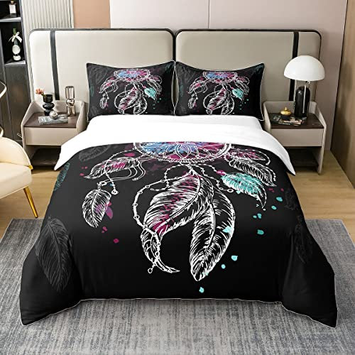 100% Gewaschene Baumwolle Traum Catcher Bettbezug für Mädchen,Bohemian Dreamcatcher Bettwäsche Set,Mandala Federn Tröster Bezug,Exotische Indische Bett mit1 Kissenbezug Schlafzimmer Dekor,135x200