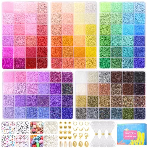 Funtopia 2mm 49000pcs+ Perles pour Bracelet, 120 Couleurs Perles de Rocaille, Perles pour Bijoux avec 416 Pièces Perles Lettres, Perles de Rocaille Kit Bijoux pour Adulte Enfant