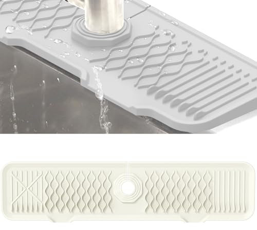 Veki Silikon Wasserhahn Matte für Abfluss Wasser, Wasserhahn Spüle Spritzschutz, Abtropfmatte Absorbierende, Wasserfänger Matte für Küche und Badezimmer Arbeitsplatte Schützen (Weiß, 61 cm)
