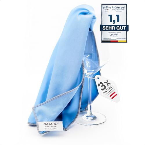 NATARO® 3X Glanzzauber Chiffon en Microfibres pour Vitres - pour Fenêtres avec Verre Cristallin et sans Traces - Chiffon Microfibre Vitre, Chiffon Vitre sans Trace (48x68cm, Bleu)