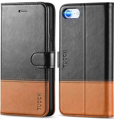 TUCCH Wallet Case for iPhone SE 2022 5G/iPhone SE 2020/iPhone 8/7 (4.7), Magnetic PU Leather Folio Cover with[Kickstand][Shockproof TPU][Card Holders]Compatible with iPhone SE 3/SE2/8/7, Black&Brown