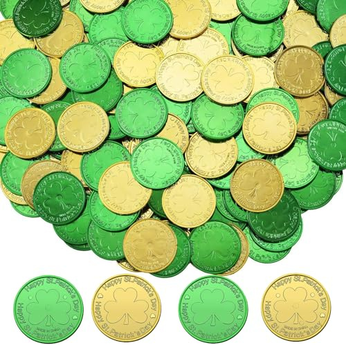 Lot de 100 pièces de monnaie porte-bonheur pour la Saint-Patrick, trèfle vert et doré en plastique pour la Saint-Patrick, décorations de fête sur le thème irlandais