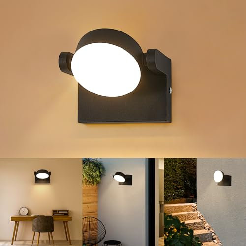 Dorlink LED Wandleuchte Draussen Drehbar, 20W 1800LM Wandleuchten IP65 Wasserdicht, Runden Moderne Wandlampe Schlafzimmer 3000K Warmweiß, Schwarz Wandbeleuchtung für Flur, Garage, Garten