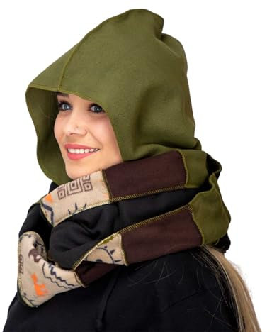 Kunst und Magie Damen Kapuzenschal Schal Loop aus Fleece, Farbe:Mehrfarbig Grün