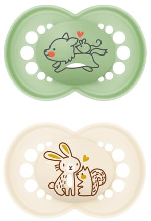 MAM Original Succhietto 16+ Mesi (Set da 2), Ciuccio MAM 16 36 mesi con tettarella ortodontica in caucciù, Kit da 2 accessori neonato con pratico porta ciuccio sterilizzatore, Crema/Verde